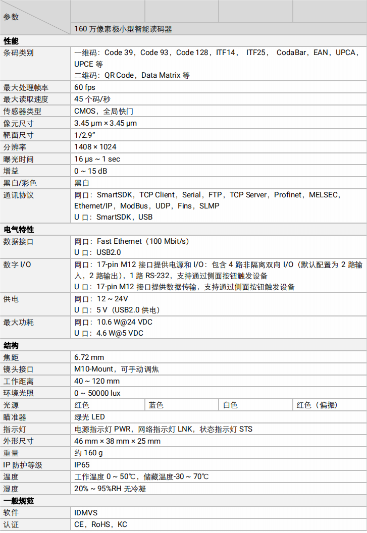 ？礛V-RD716-2智能读码器参数图